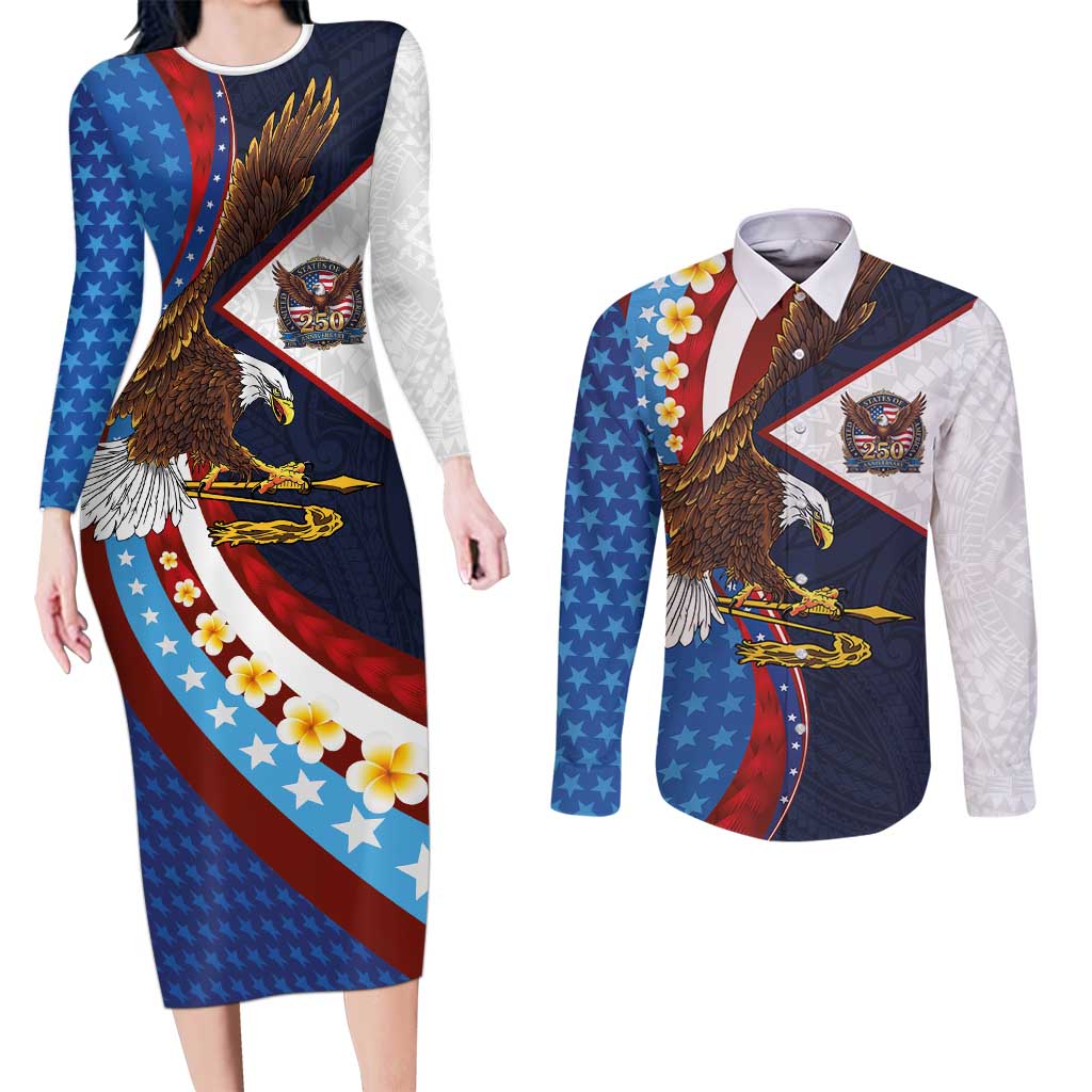 American Samoa and United States Semiquincentennial Couples Matching Long Sleeve Bodycon Dress and Long Sleeve Button Shirt Bald Eagle with National Flag Style LT03 Multicolor - Polynesian Pride