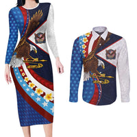 American Samoa and United States Semiquincentennial Couples Matching Long Sleeve Bodycon Dress and Long Sleeve Button Shirt Bald Eagle with National Flag Style