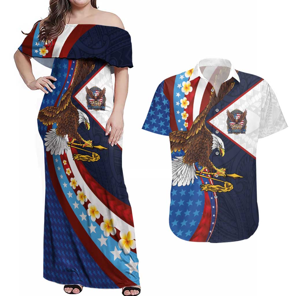 American Samoa and United States Semiquincentennial Couples Matching Off Shoulder Maxi Dress and Hawaiian Shirt Bald Eagle with National Flag Style