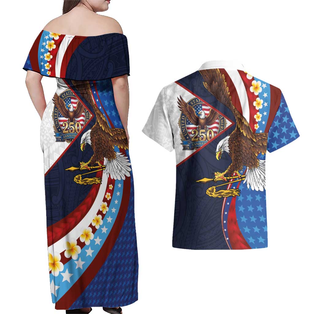 American Samoa and United States Semiquincentennial Couples Matching Off Shoulder Maxi Dress and Hawaiian Shirt Bald Eagle with National Flag Style