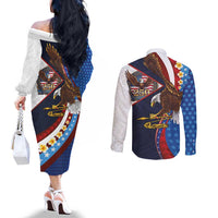 American Samoa and United States Semiquincentennial Couples Matching Off The Shoulder Long Sleeve Dress and Long Sleeve Button Shirt Bald Eagle with National Flag Style