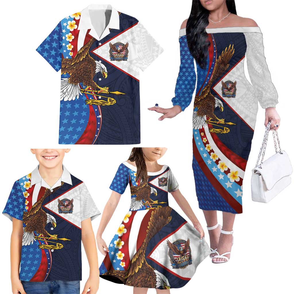 American Samoa and United States Semiquincentennial Family Matching Off The Shoulder Long Sleeve Dress and Hawaiian Shirt Bald Eagle with National Flag Style