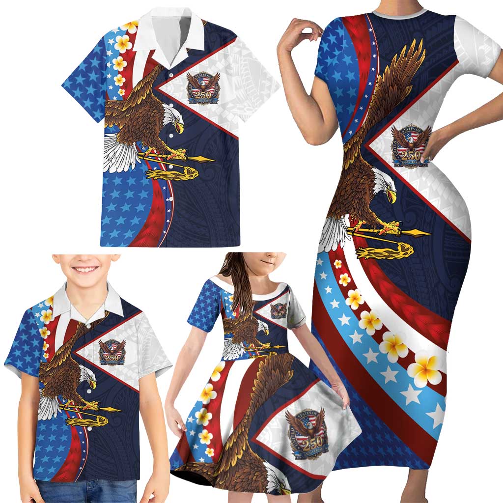 American Samoa and United States Semiquincentennial Family Matching Short Sleeve Bodycon Dress and Hawaiian Shirt Bald Eagle with National Flag Style LT03 - Polynesian Pride