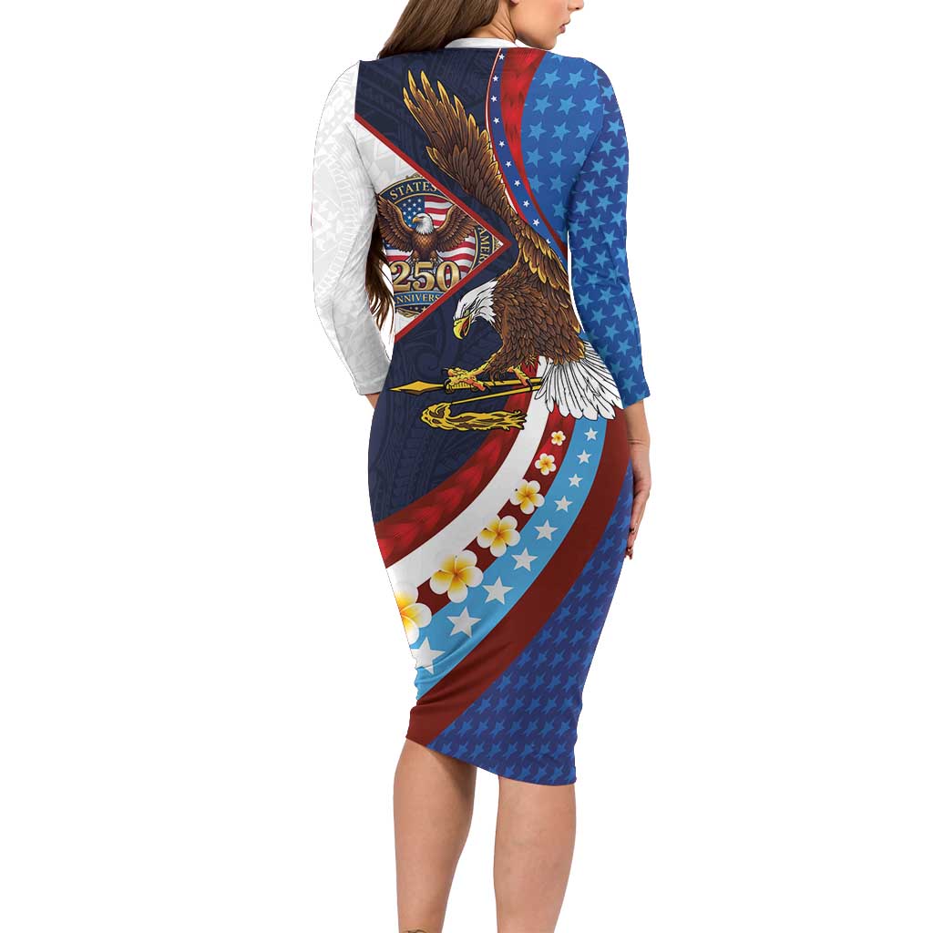 American Samoa and United States Semiquincentennial Long Sleeve Bodycon Dress Bald Eagle with National Flag Style LT03 - Polynesian Pride