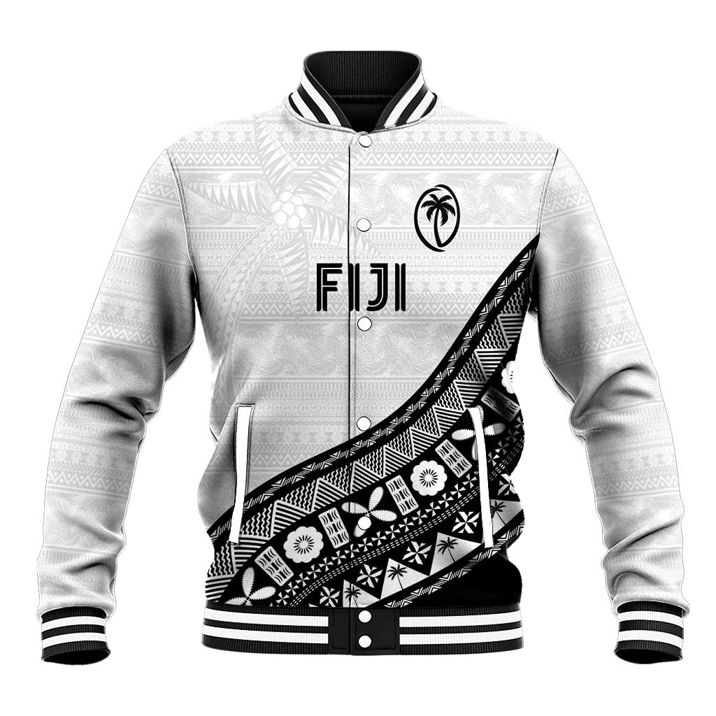 Custom Fijian Rugby Baseball Jacket Tapa Pattern and Palm Tree Tribal LT03 Unisex White - Polynesian Pride