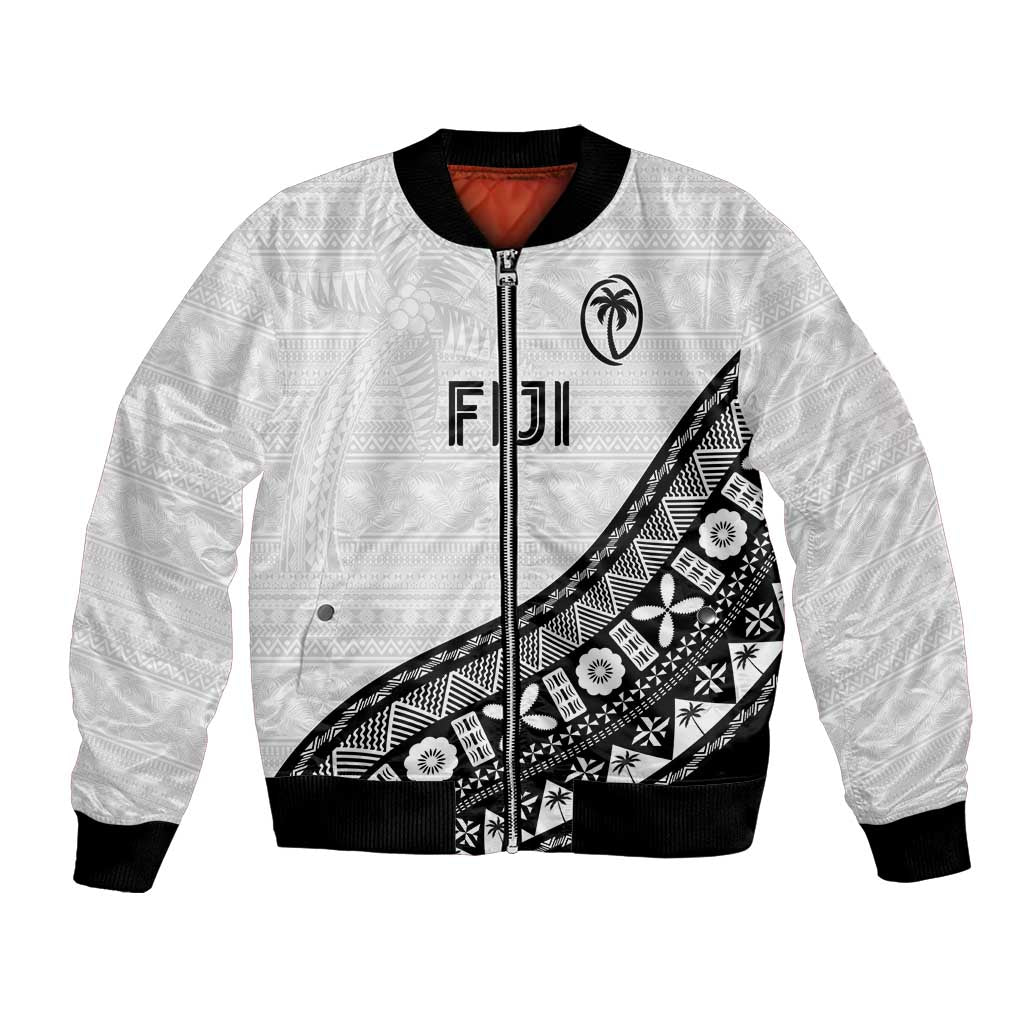 Custom Fijian Rugby Bomber Jacket Tapa Pattern and Palm Tree Tribal LT03 Unisex White - Polynesian Pride