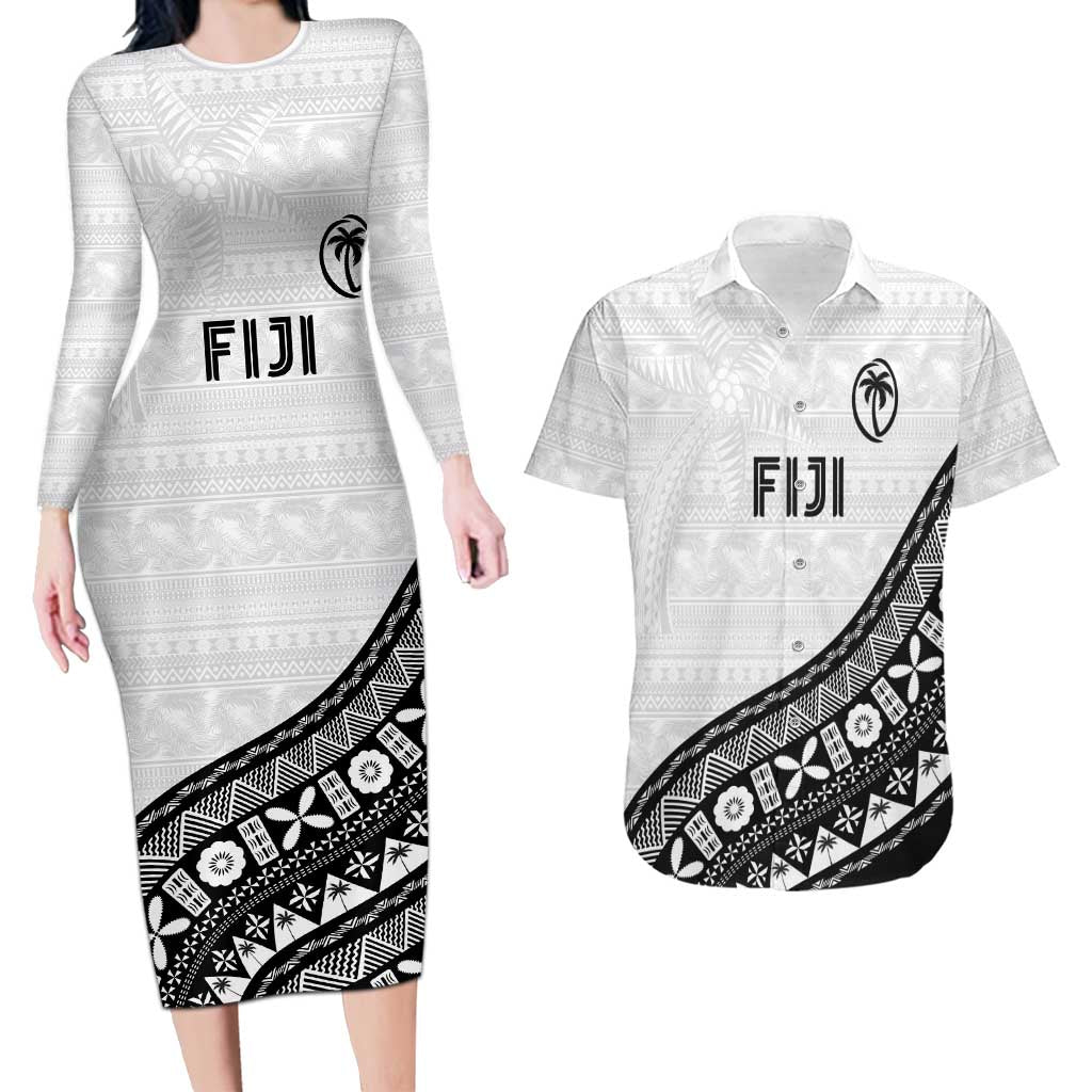 Custom Fijian Rugby Couples Matching Long Sleeve Bodycon Dress and Hawaiian Shirt Tapa Pattern and Palm Tree Tribal LT03 White - Polynesian Pride