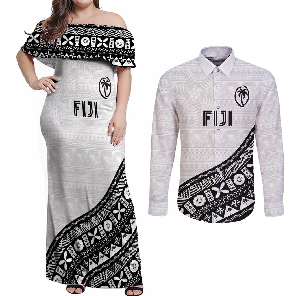 Custom Fijian Rugby Couples Matching Off Shoulder Maxi Dress and Long Sleeve Button Shirt Tapa Pattern and Palm Tree Tribal LT03 White - Polynesian Pride