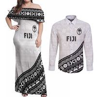Custom Fijian Rugby Couples Matching Off Shoulder Maxi Dress and Long Sleeve Button Shirt Tapa Pattern and Palm Tree Tribal