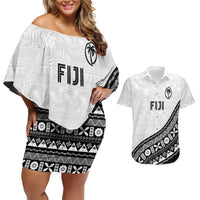 Custom Fijian Rugby Couples Matching Off Shoulder Short Dress and Hawaiian Shirt Tapa Pattern and Palm Tree Tribal