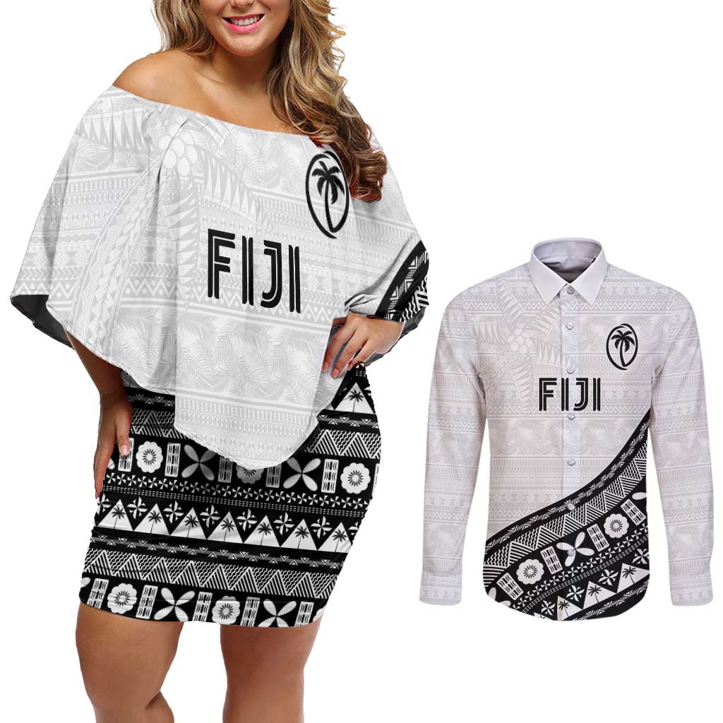 Custom Fijian Rugby Couples Matching Off Shoulder Short Dress and Long Sleeve Button Shirt Tapa Pattern and Palm Tree Tribal LT03 White - Polynesian Pride