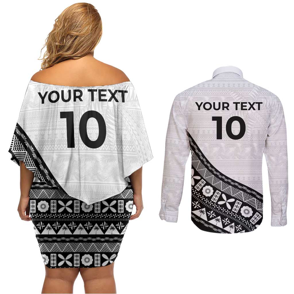 Custom Fijian Rugby Couples Matching Off Shoulder Short Dress and Long Sleeve Button Shirt Tapa Pattern and Palm Tree Tribal LT03 - Polynesian Pride