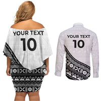 Custom Fijian Rugby Couples Matching Off Shoulder Short Dress and Long Sleeve Button Shirt Tapa Pattern and Palm Tree Tribal LT03 - Polynesian Pride