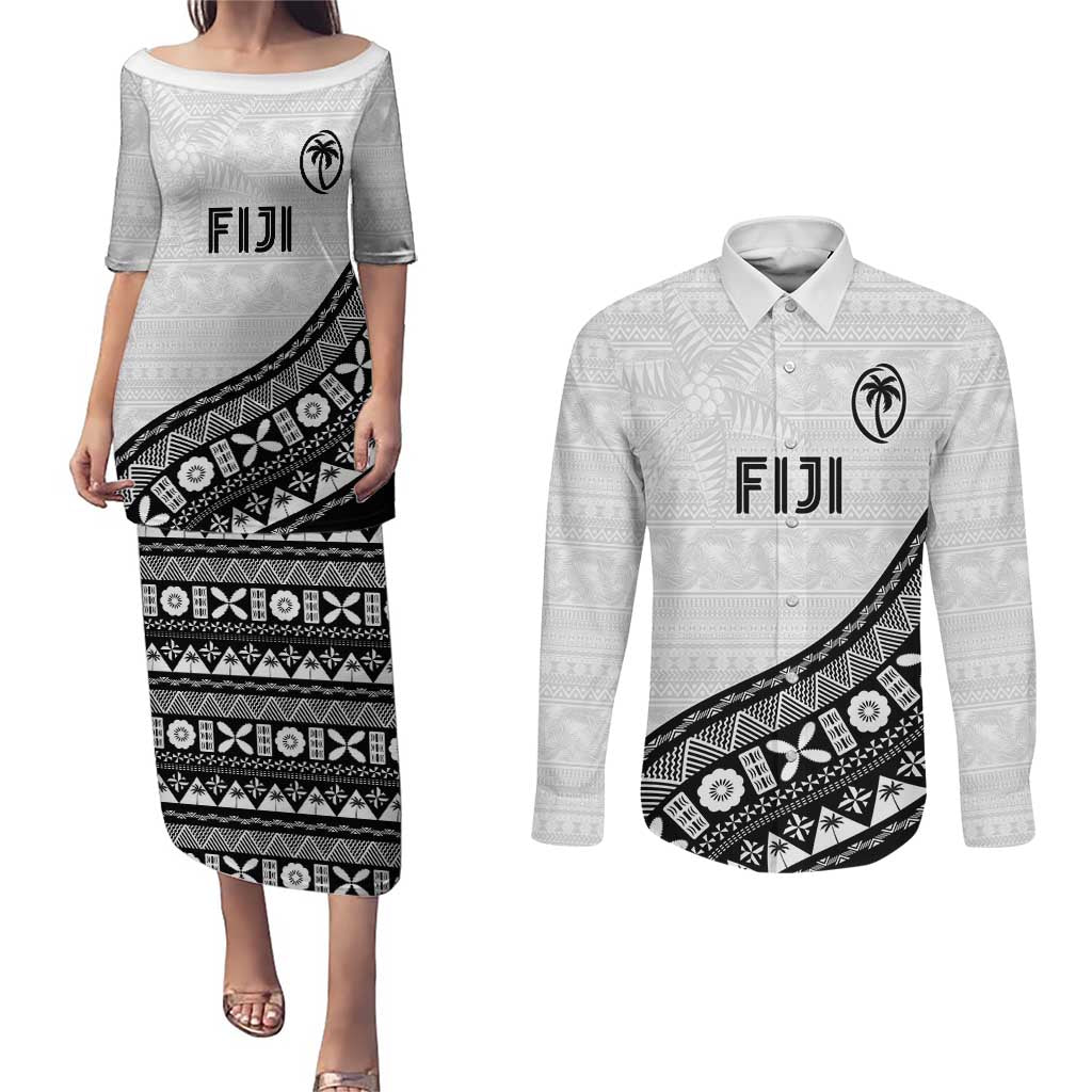 Custom Fijian Rugby Couples Matching Puletasi and Long Sleeve Button Shirt Tapa Pattern and Palm Tree Tribal LT03 White - Polynesian Pride