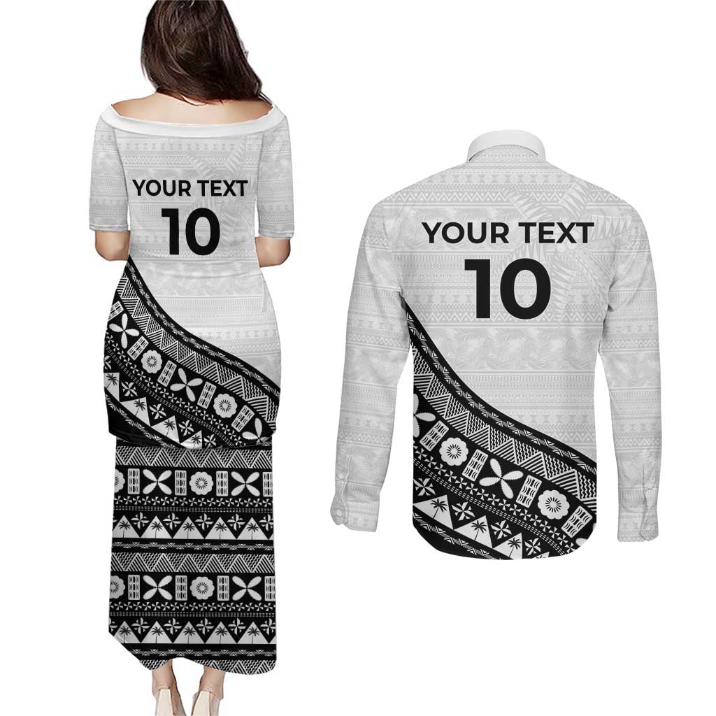 Custom Fijian Rugby Couples Matching Puletasi and Long Sleeve Button Shirt Tapa Pattern and Palm Tree Tribal LT03 - Polynesian Pride