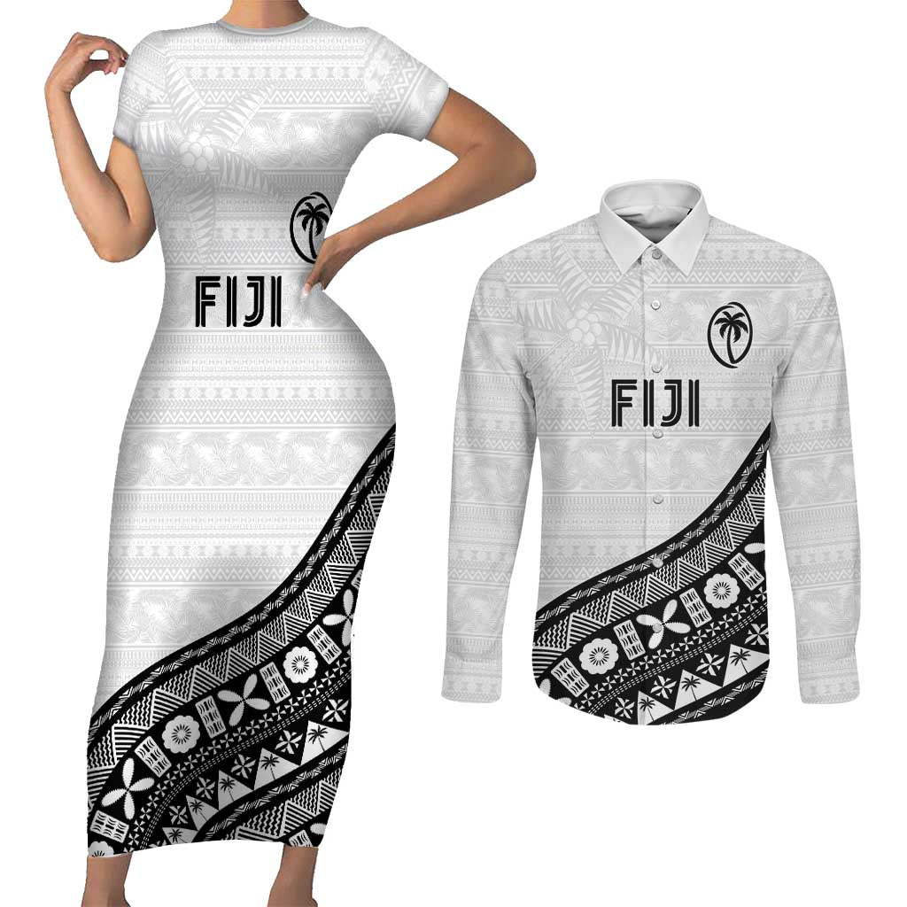 Custom Fijian Rugby Couples Matching Short Sleeve Bodycon Dress and Long Sleeve Button Shirt Tapa Pattern and Palm Tree Tribal LT03 White - Polynesian Pride