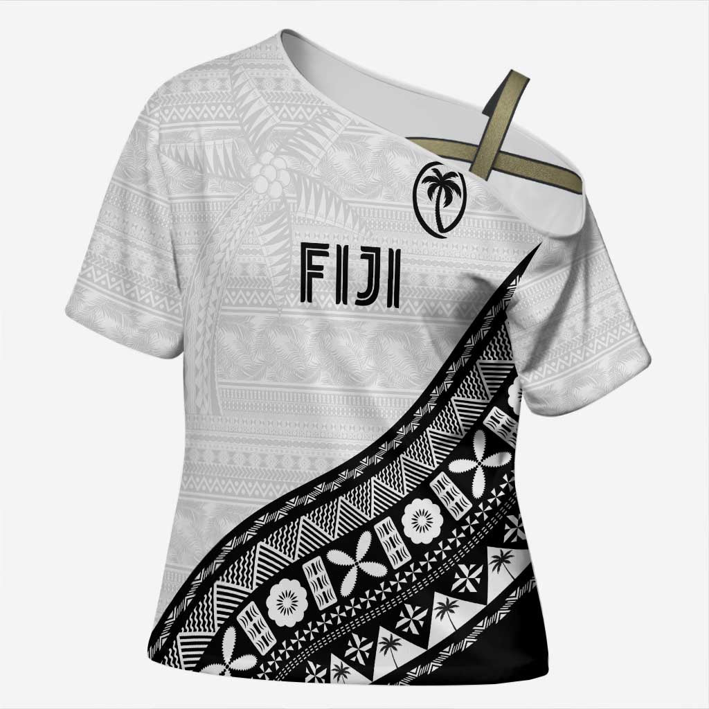 Custom Fijian Rugby Cross Shoulder Shirt Tapa Pattern and Palm Tree Tribal LT03 Female White - Polynesian Pride
