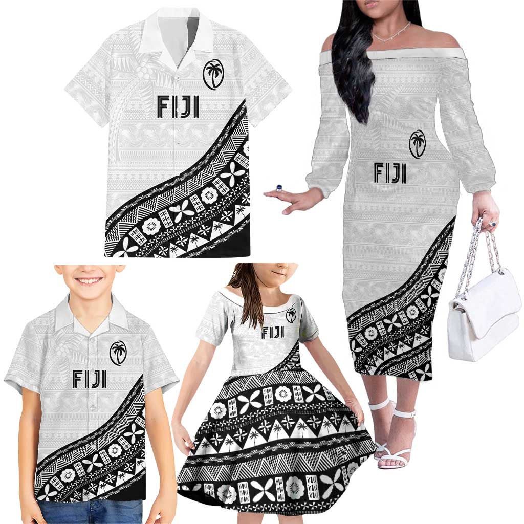Custom Fijian Rugby Family Matching Off The Shoulder Long Sleeve Dress and Hawaiian Shirt Tapa Pattern and Palm Tree Tribal LT03 - Polynesian Pride