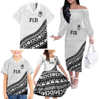 Custom Fijian Rugby Family Matching Off The Shoulder Long Sleeve Dress and Hawaiian Shirt Tapa Pattern and Palm Tree Tribal