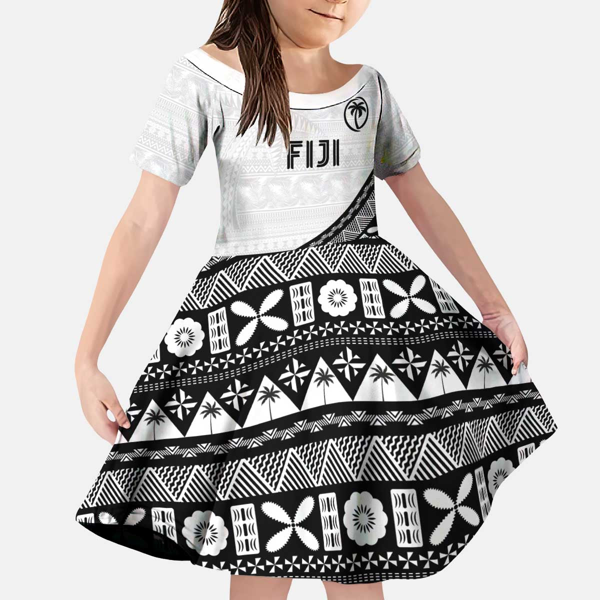 Custom Fijian Rugby Kid Short Sleeve Dress Tapa Pattern and Palm Tree Tribal LT03 KID White - Polynesian Pride
