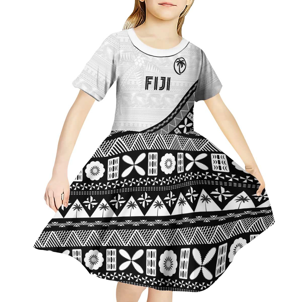 Custom Fijian Rugby Kid Short Sleeve Dress Tapa Pattern and Palm Tree Tribal LT03 - Polynesian Pride