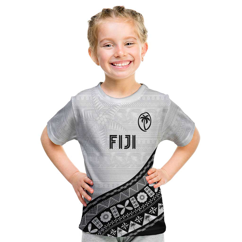 Custom Fijian Rugby Kid T Shirt Tapa Pattern and Palm Tree Tribal LT03 White - Polynesian Pride