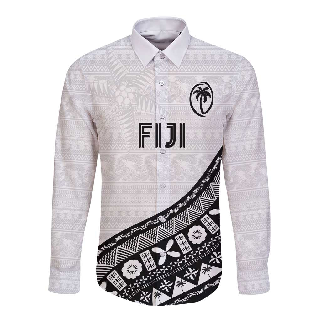 Custom Fijian Rugby Long Sleeve Button Shirt Tapa Pattern and Palm Tree Tribal LT03 Unisex White - Polynesian Pride