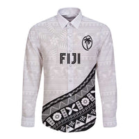 Custom Fijian Rugby Long Sleeve Button Shirt Tapa Pattern and Palm Tree Tribal LT03 Unisex White - Polynesian Pride