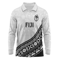 Custom Fijian Rugby Long Sleeve Polo Shirt Tapa Pattern and Palm Tree Tribal LT03 White - Polynesian Pride