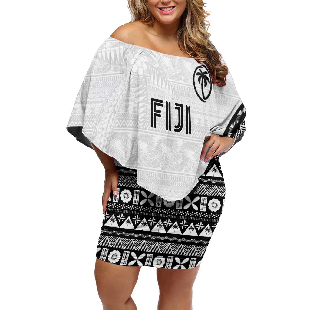 Custom Fijian Rugby Off Shoulder Short Dress Tapa Pattern and Palm Tree Tribal LT03 Women White - Polynesian Pride