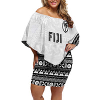 Custom Fijian Rugby Off Shoulder Short Dress Tapa Pattern and Palm Tree Tribal LT03 Women White - Polynesian Pride