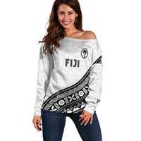 Custom Fijian Rugby Off Shoulder Sweater Tapa Pattern and Palm Tree Tribal LT03 Women White - Polynesian Pride