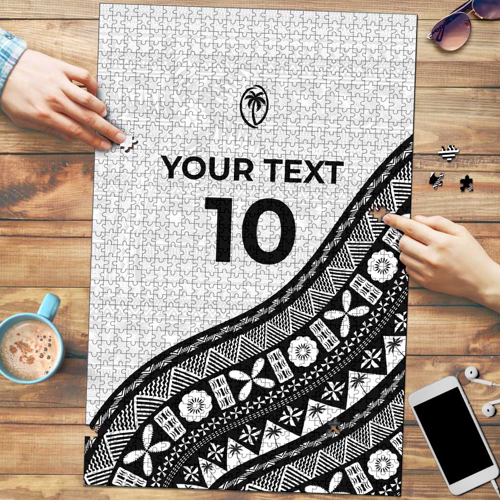 Custom Fijian Rugby Puzzle Tapa Pattern and Palm Tree Tribal LT03 White - Polynesian Pride