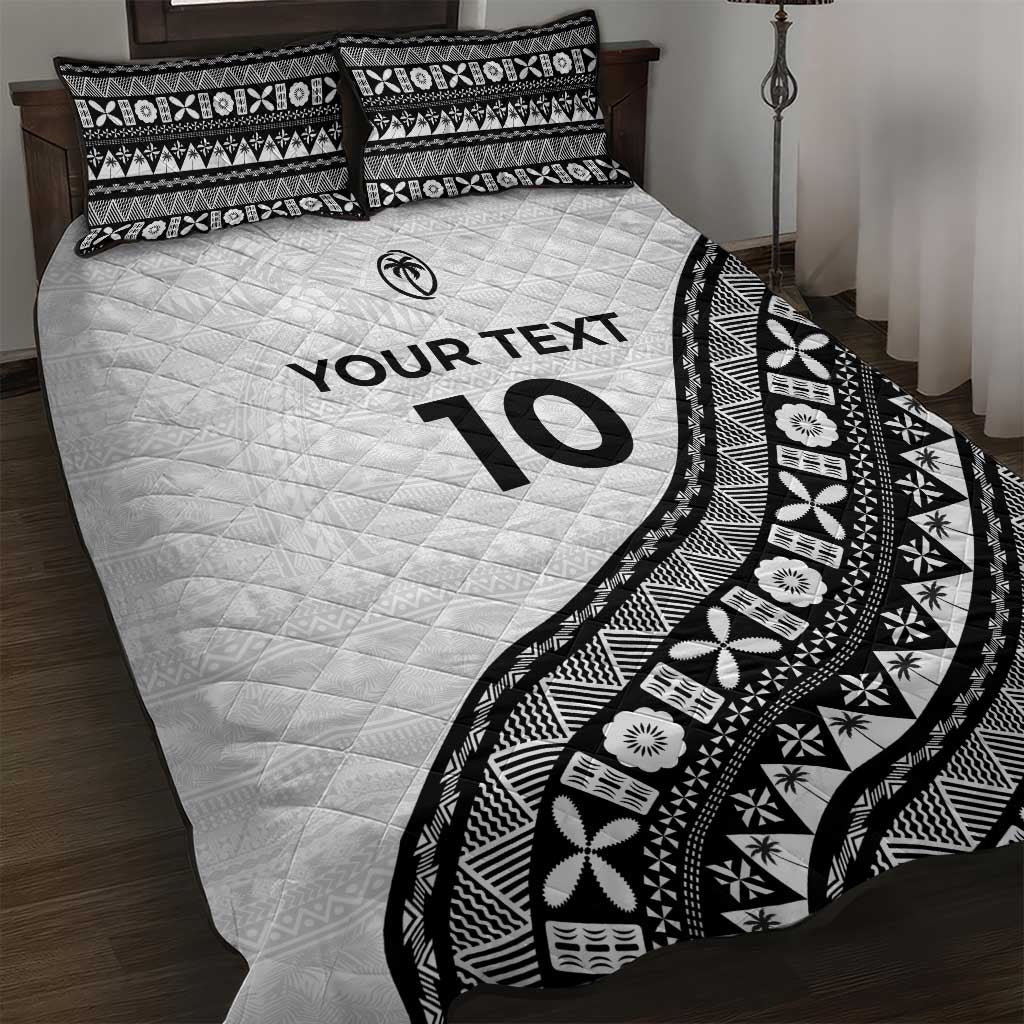 Custom Fijian Rugby Quilt Bed Set Tapa Pattern and Palm Tree Tribal LT03 White - Polynesian Pride