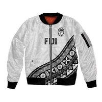 Custom Fijian Rugby Sleeve Zip Bomber Jacket Tapa Pattern and Palm Tree Tribal LT03 Unisex White - Polynesian Pride