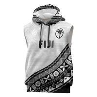 Custom Fijian Rugby Sleeveless Hoodie Tapa Pattern and Palm Tree Tribal LT03 White - Polynesian Pride