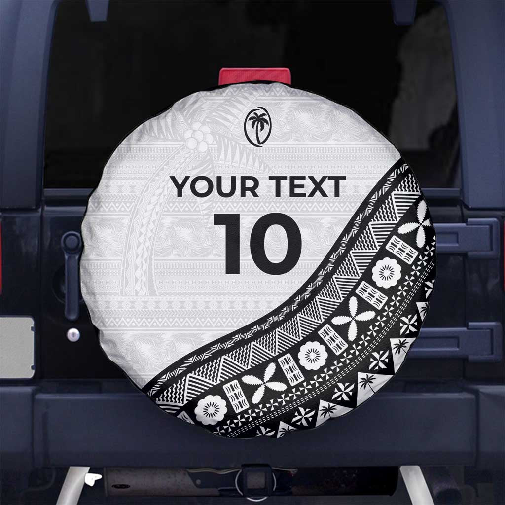 Custom Fijian Rugby Spare Tire Cover Tapa Pattern and Palm Tree Tribal LT03 No hole White - Polynesian Pride