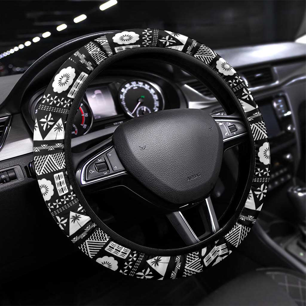 Fijian Rugby Steering Wheel Cover Tapa Pattern and Palm Tree Tribal LT03 Universal Fit White - Polynesian Pride