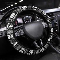 Fijian Rugby Steering Wheel Cover Tapa Pattern and Palm Tree Tribal LT03 Universal Fit White - Polynesian Pride