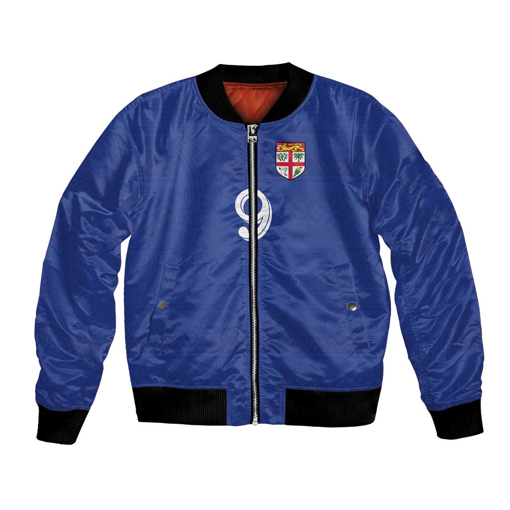 Custom Fijian Football Bomber Jacket Tapa Pattern and Shark Tribal LT03 Unisex Blue - Polynesian Pride