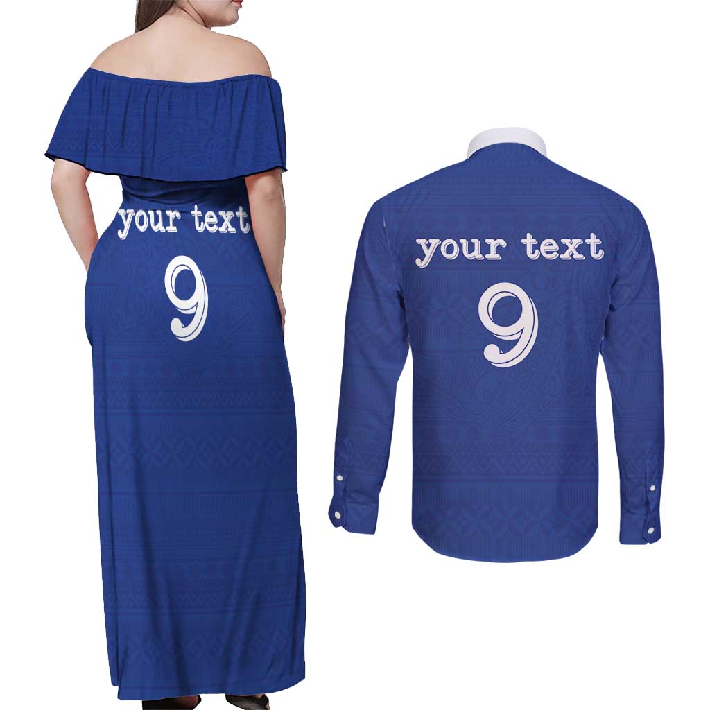 Custom Fijian Football Couples Matching Off Shoulder Maxi Dress and Long Sleeve Button Shirt Tapa Pattern and Shark Tribal