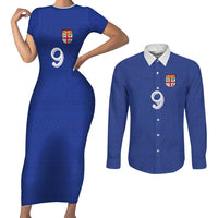 Custom Fijian Football Couples Matching Short Sleeve Bodycon Dress and Long Sleeve Button Shirt Tapa Pattern and Shark Tribal