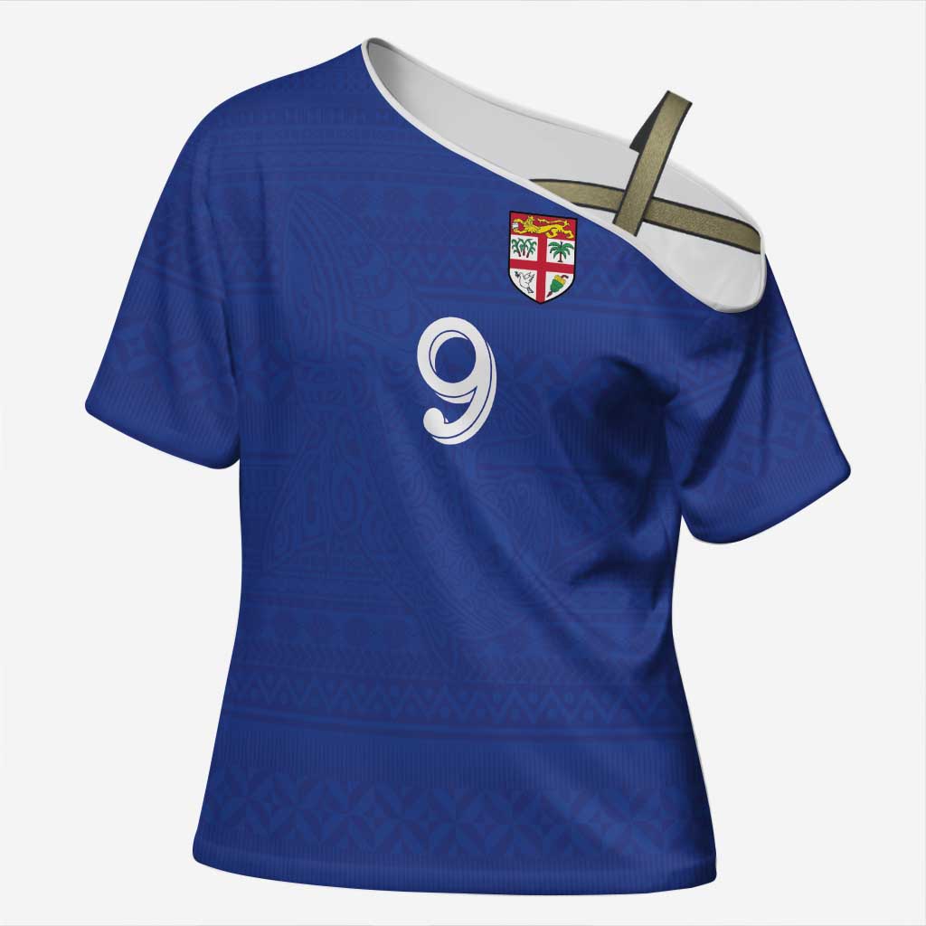 Custom Fijian Football Cross Shoulder Shirt Tapa Pattern and Shark Tribal LT03 Female Blue - Polynesian Pride