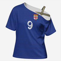 Custom Fijian Football Cross Shoulder Shirt Tapa Pattern and Shark Tribal LT03 Female Blue - Polynesian Pride