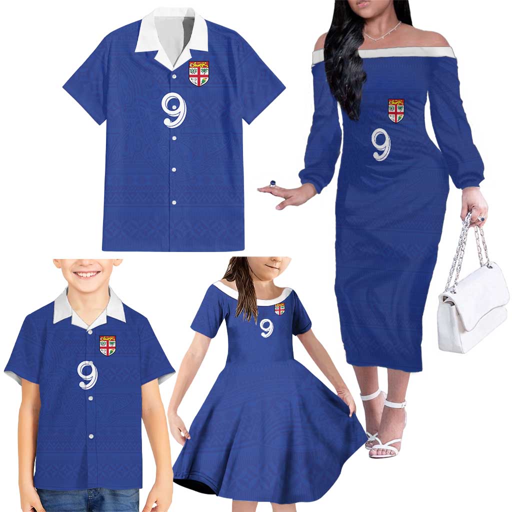 Custom Fijian Football Family Matching Off The Shoulder Long Sleeve Dress and Hawaiian Shirt Tapa Pattern and Shark Tribal LT03 - Polynesian Pride
