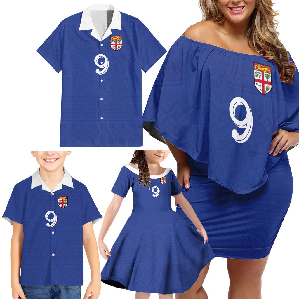 Custom Fijian Football Family Matching Off Shoulder Short Dress and Hawaiian Shirt Tapa Pattern and Shark Tribal