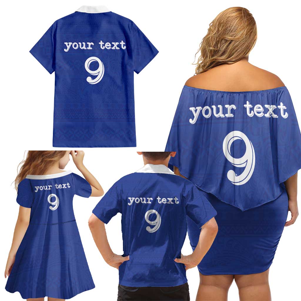 Custom Fijian Football Family Matching Off Shoulder Short Dress and Hawaiian Shirt Tapa Pattern and Shark Tribal