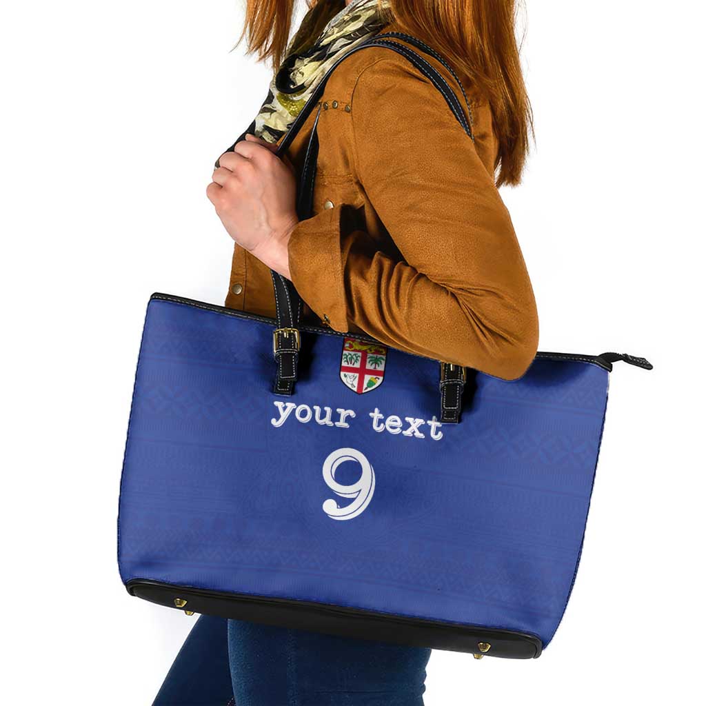Custom Fijian Football Leather Tote Bag Tapa Pattern and Shark Tribal LT03 Blue - Polynesian Pride