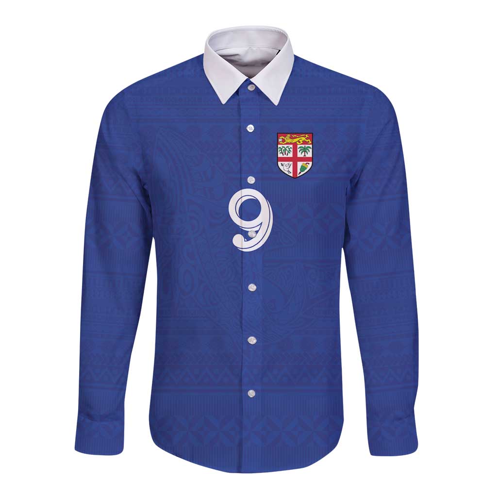 Custom Fijian Football Long Sleeve Button Shirt Tapa Pattern and Shark Tribal LT03 Unisex Blue - Polynesian Pride