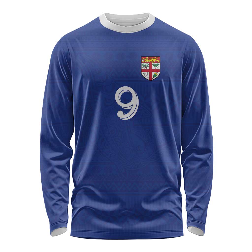 Custom Fijian Football Long Sleeve Shirt Tapa Pattern and Shark Tribal LT03 Unisex Blue - Polynesian Pride